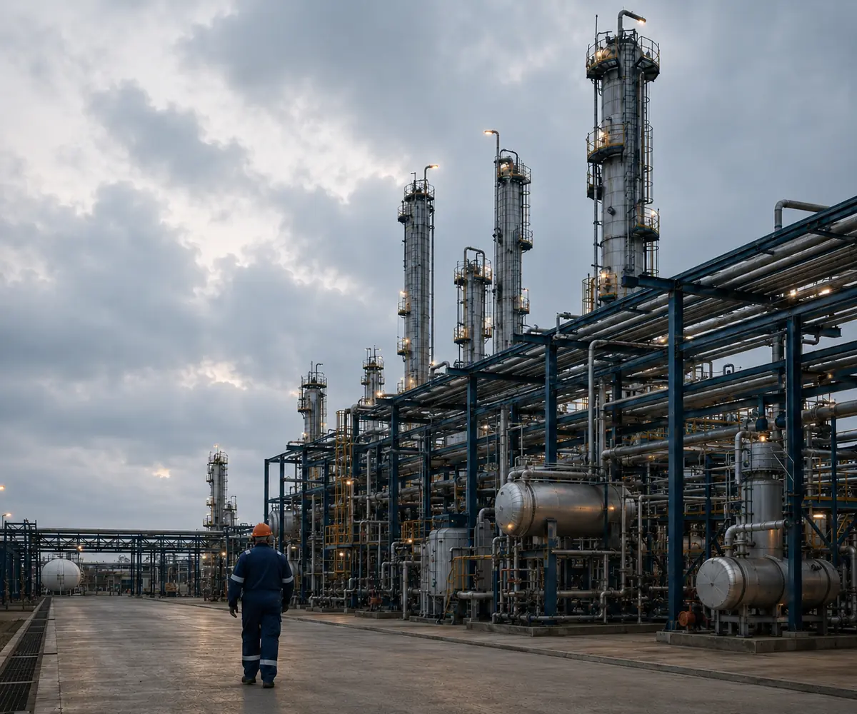 Profissional de segurança caminhando por uma unidade petroquímica ao entardecer, entre colunas de destilação e tubulações