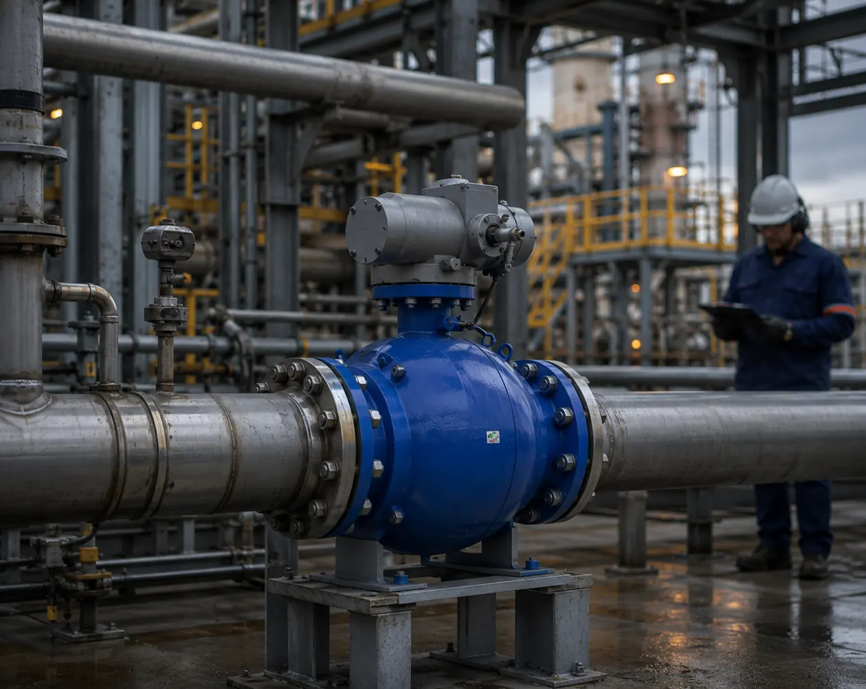 Válvula esférica com atuador instalada em uma linha de processo, com técnico ao fundo em uma planta industrial