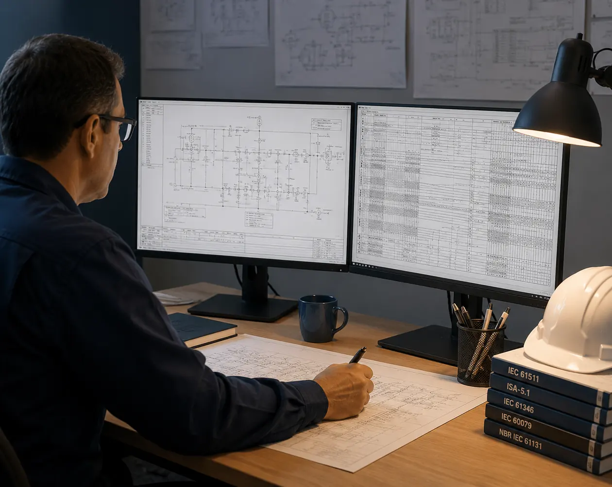 Engenheiro analisando diagramas de malha (P&ID) e lista de I/O em dois monitores, com normas técnicas IEC sobre a mesa
