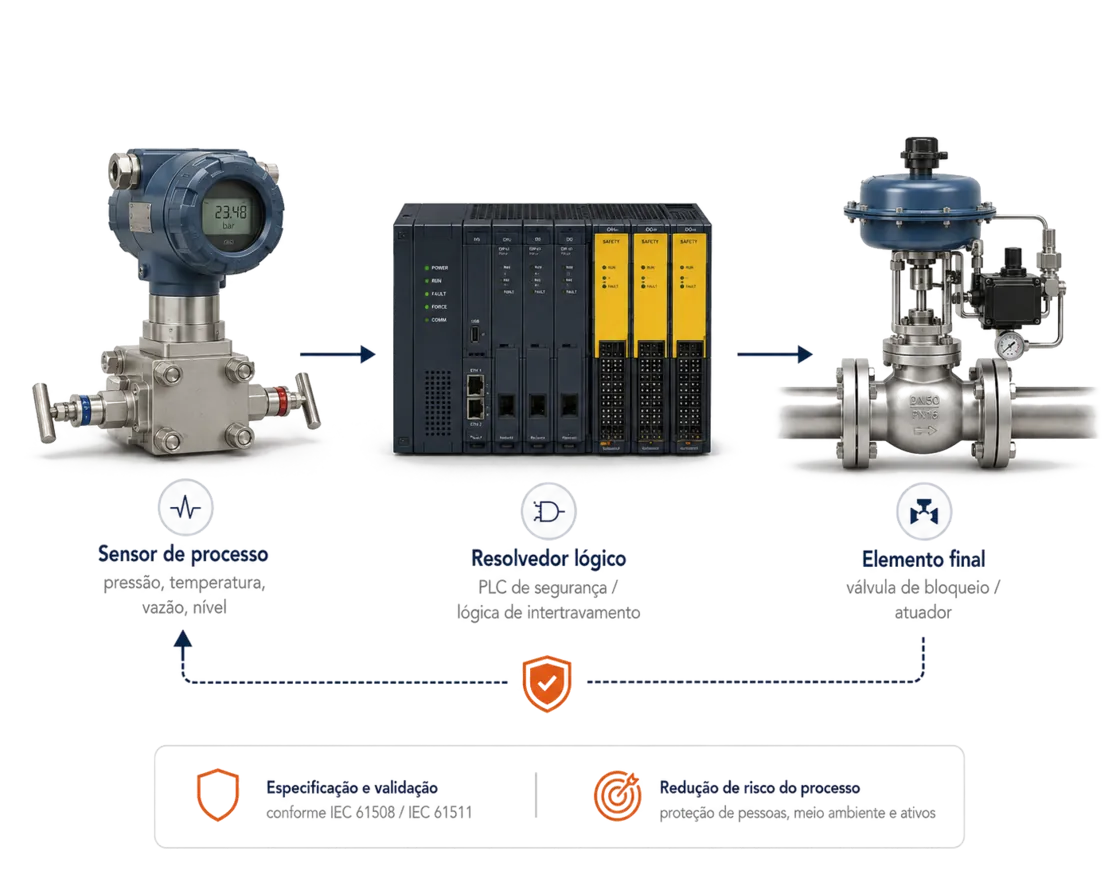 Diagrama de uma malha de segurança instrumentada com sensor de processo, resolvedor lógico (PLC de segurança) e elemento final, conforme IEC 61508 e IEC 61511