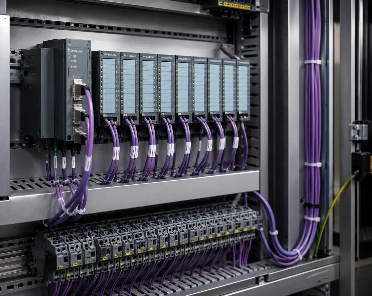 Painel de automação com módulos de I/O e cabeamento de rede Profibus (roxo) organizado